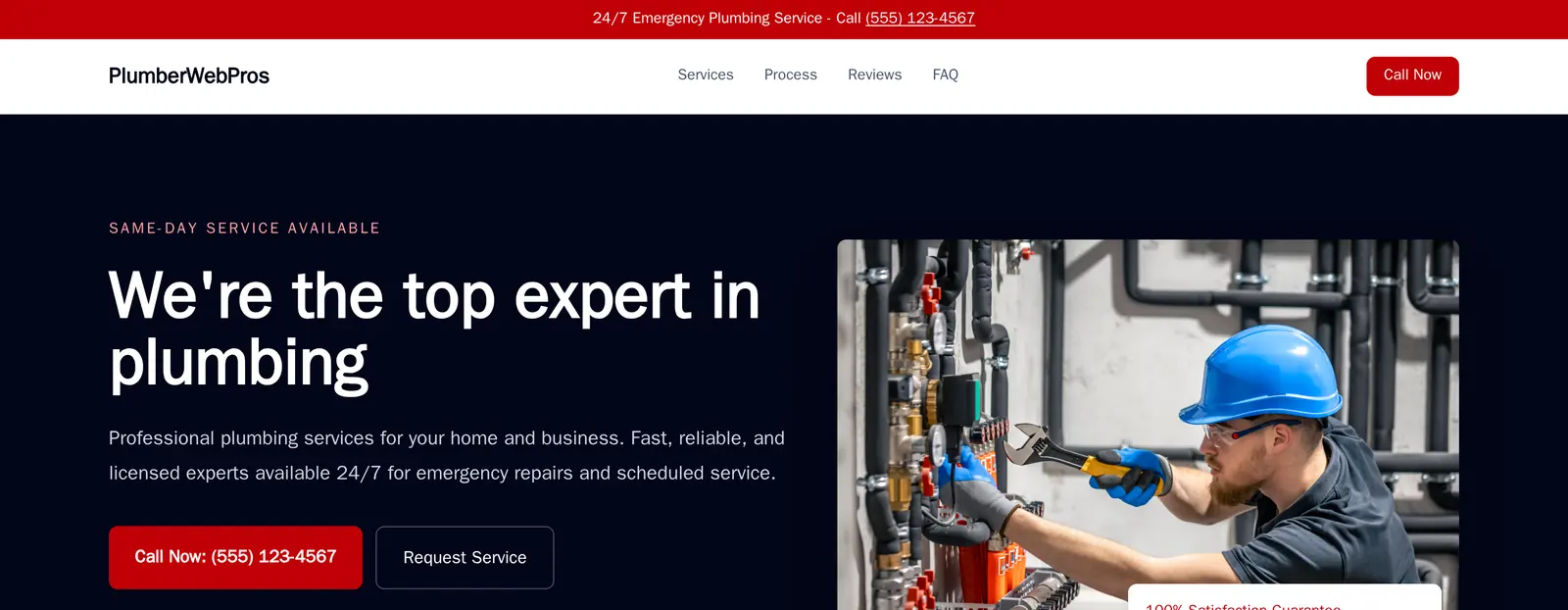 Concept homepage for a plumbing company: an emergency phone number in a bar across the top, and a hero with a call button and a request-service button side by side.